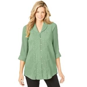 Woman WithinSage‎ Textured 3/4 Sleeve Gauze Tunic With Shawl Collar Women's L